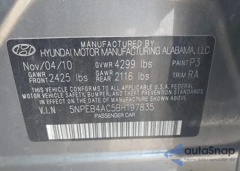 2011 Hyundai Sonata Gls z USA, uszkodzony, nr VIN 5NPEB4AC5BH197835